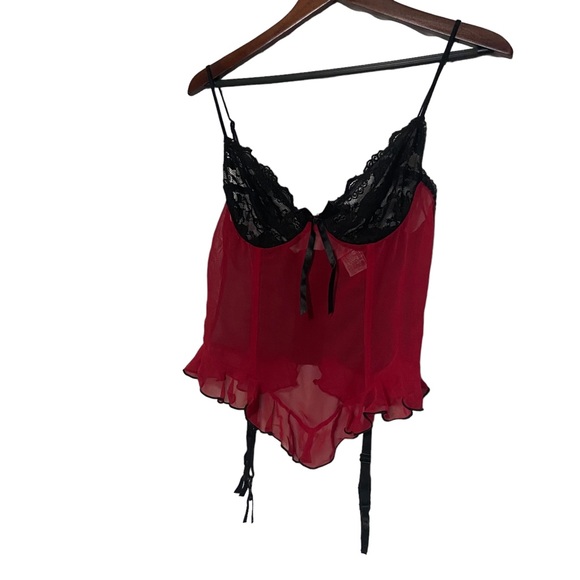 Sexy Vintage 90’s Red & Black Mesh Lace Corset Bustier Garter Straps Lingerie - Picture 10 of 14